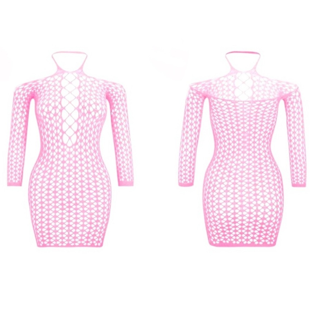 ⚡️SALE⚡️BNWT Pink Fishnet Long Sleeve Lingerie Halter Dress Outfit